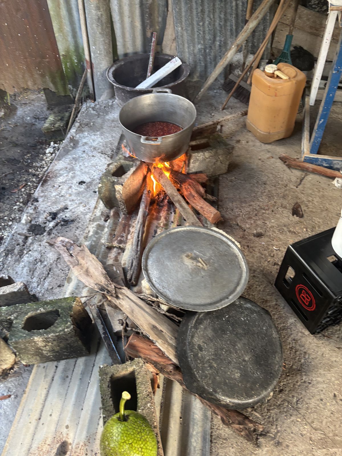 Cooking over an open wood fire, island-style