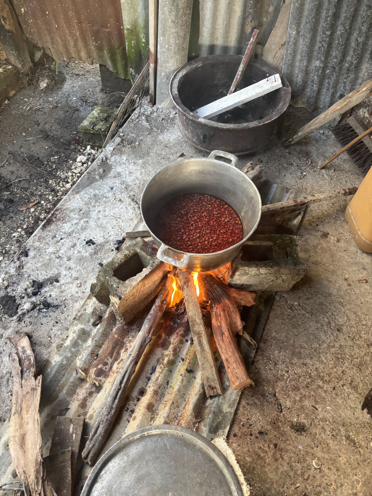 Pot cooking over fire